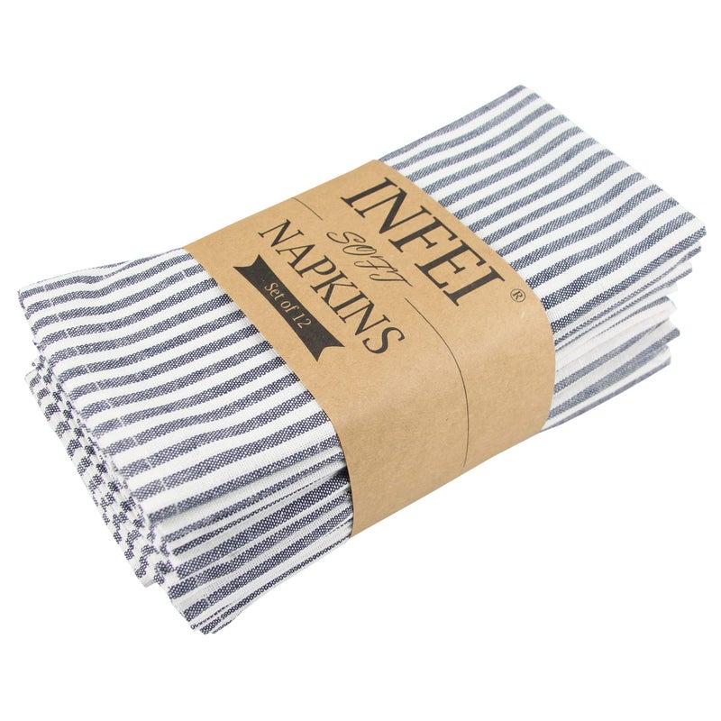 INFEI Plain Striped Cotton Linen Blended Dinner Cloth Napkins - Set of 12 (40 x 30 cm) - for Events & Home Use (Navy) - Image 1